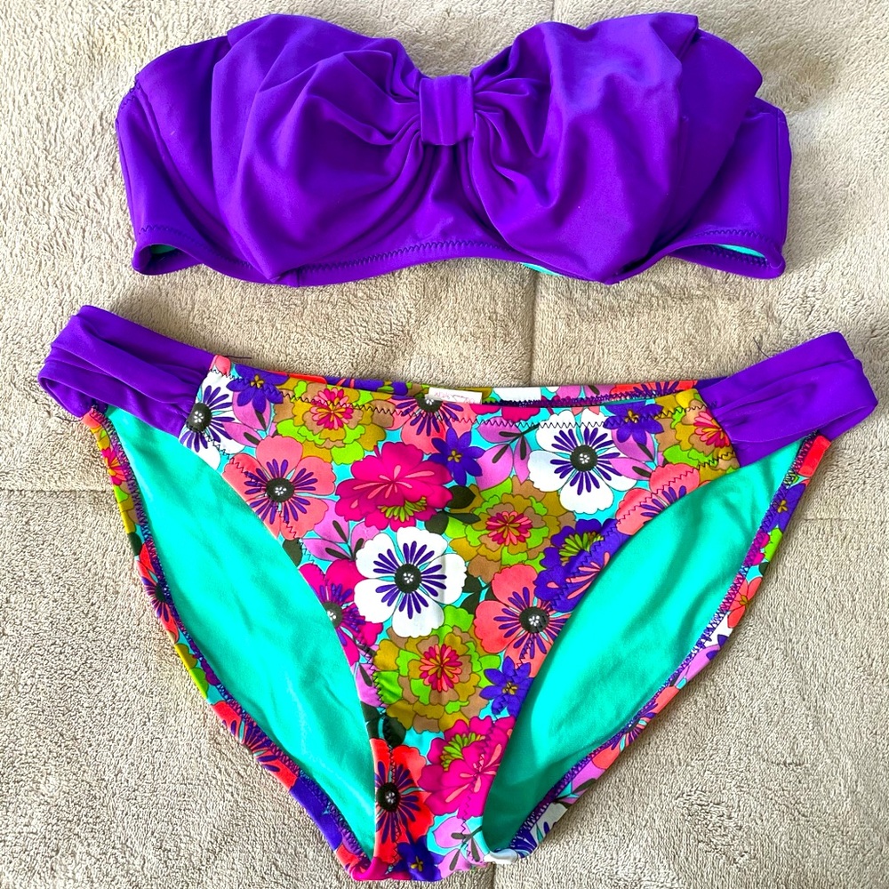 Strapless Purple Flower Bikini Set